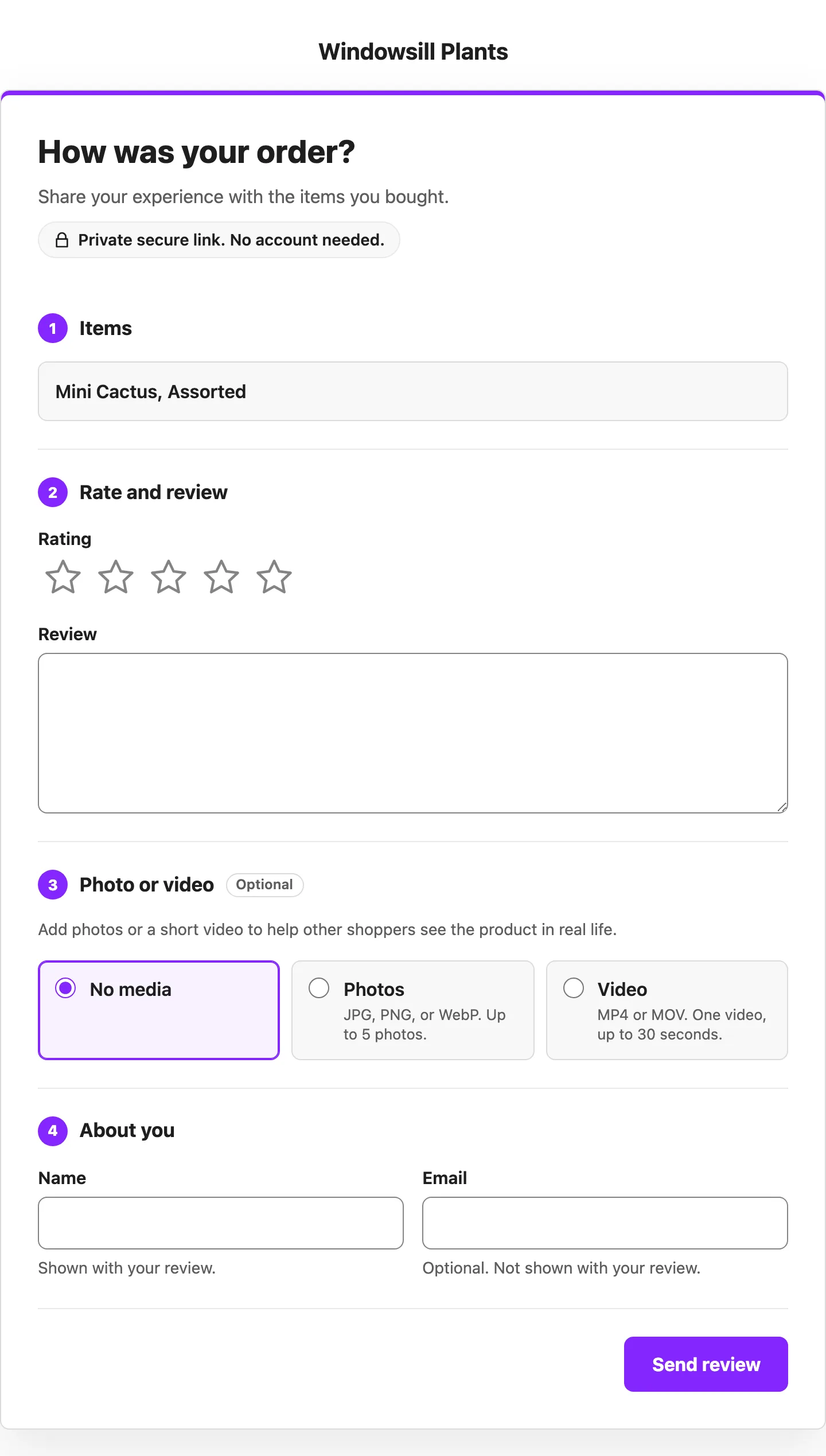 The review form behind the secure link, with the store name above it: the item to review, the
Rating stars and the Review field, the Photo or video choice with No media selected, the Name and
Email fields and the Send review button.