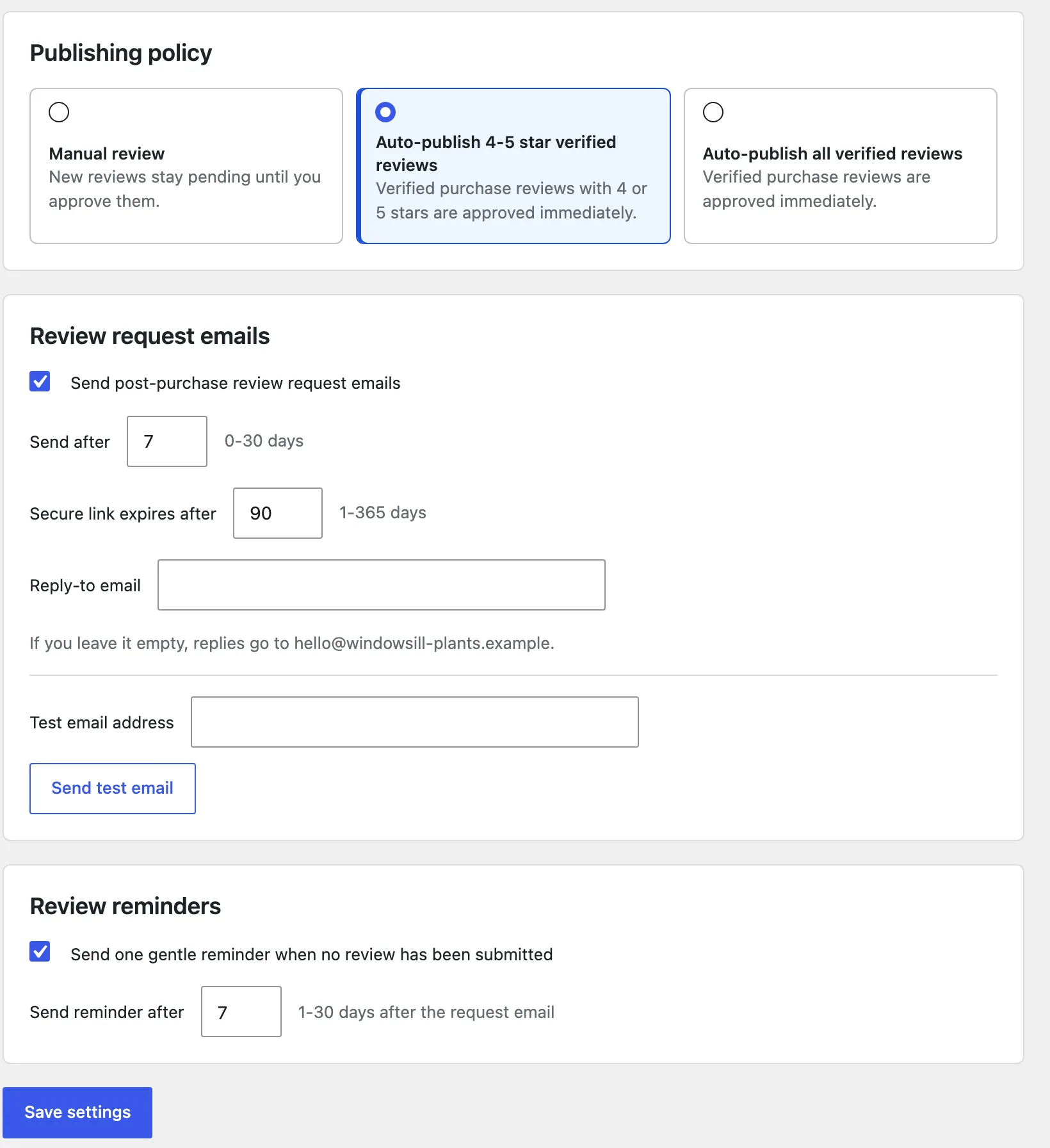 The Publishing policy, Review request emails and Review reminders cards of the Settings screen
with their defaults: Auto-publish 4-5 star verified reviews selected, request emails on and sent
after 7 days with a link that expires after 90 days, the Reply-to email and Test email address
fields, reminders on after 7 days, and the Save settings button.