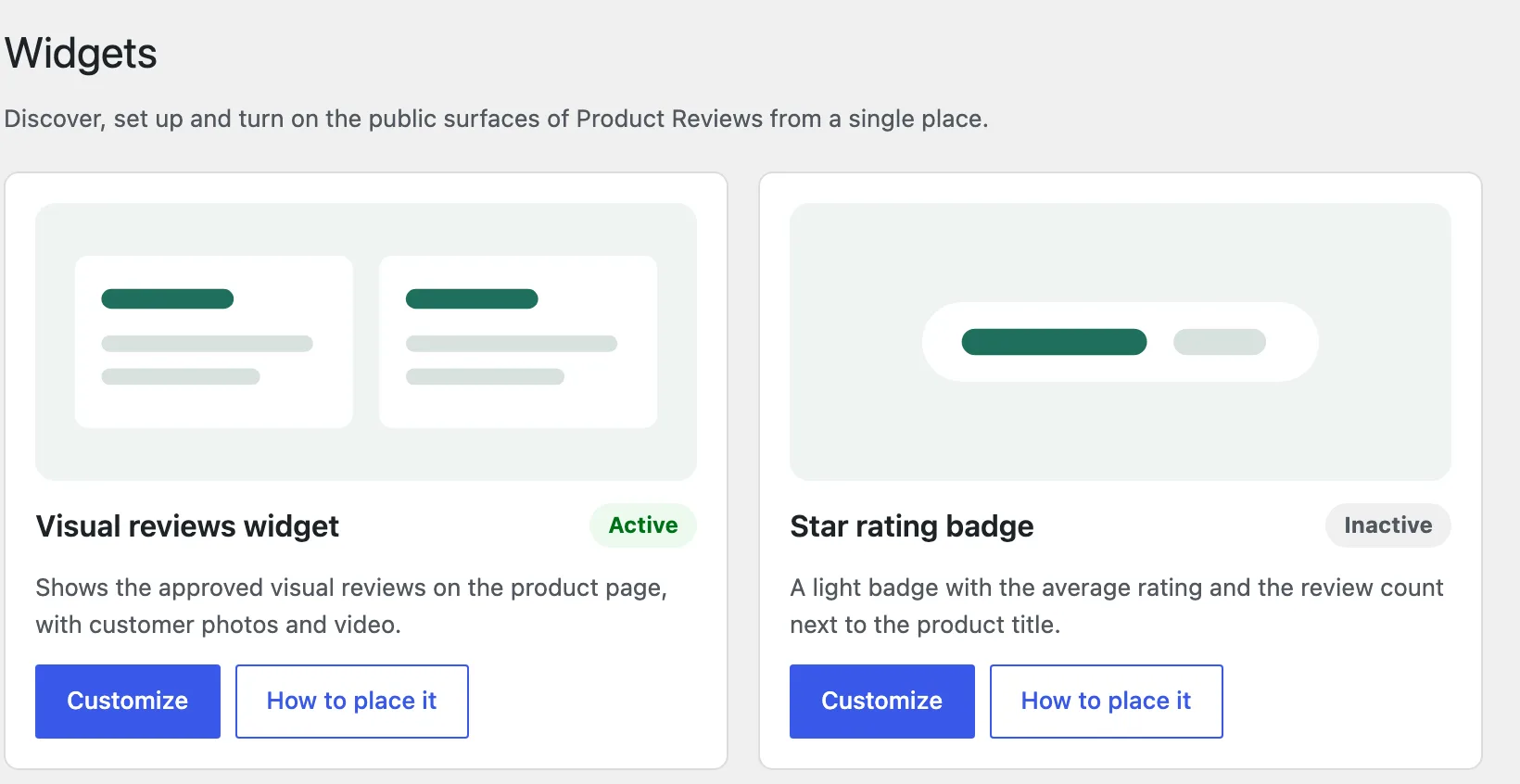 The Widgets screen of Visual Reviews: the Visual reviews widget card, marked Active, and the Star
rating badge card, marked Inactive, each with its Customize and How to place it
buttons.